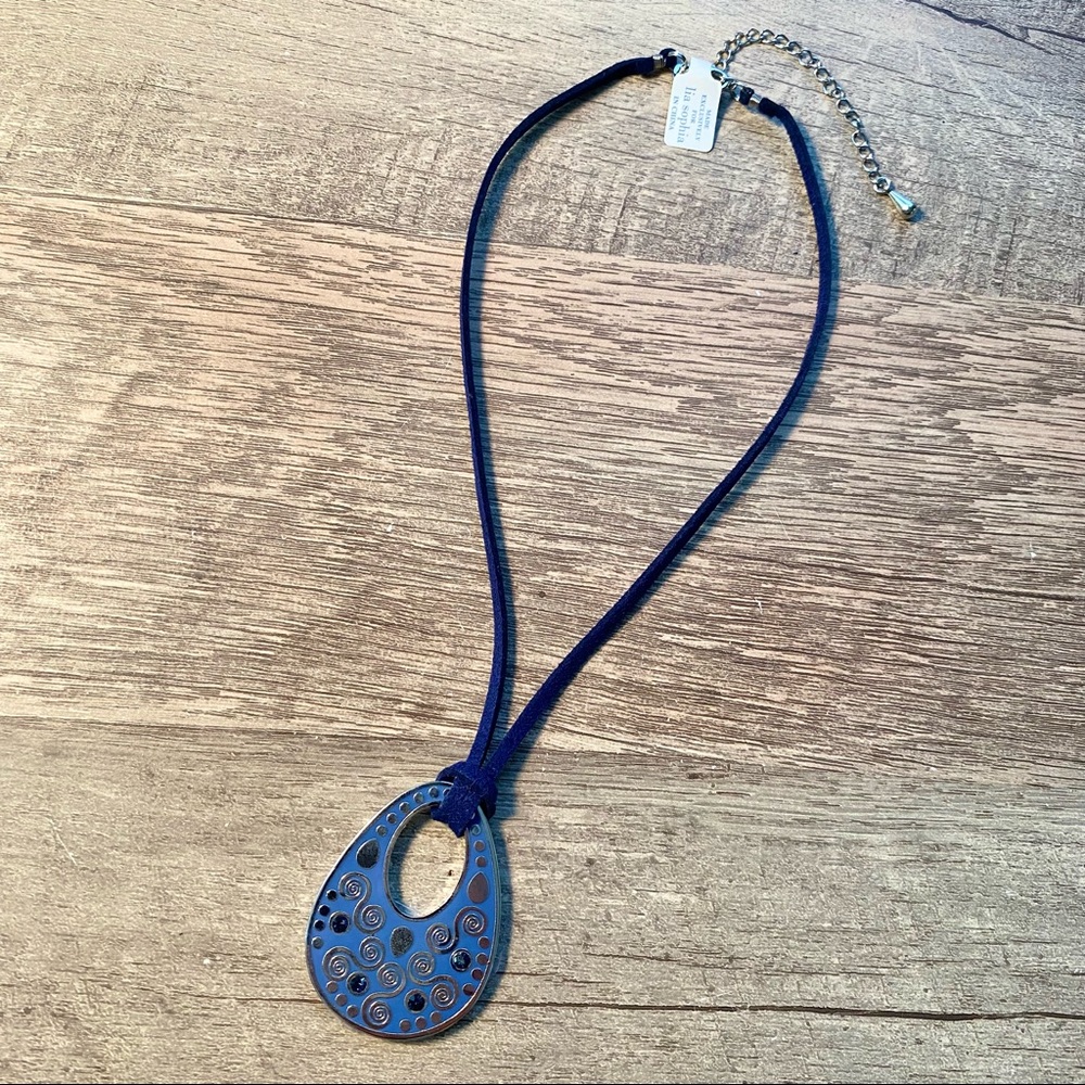 NEW Lia Sophia Navy Suede Cord Pendant Necklace